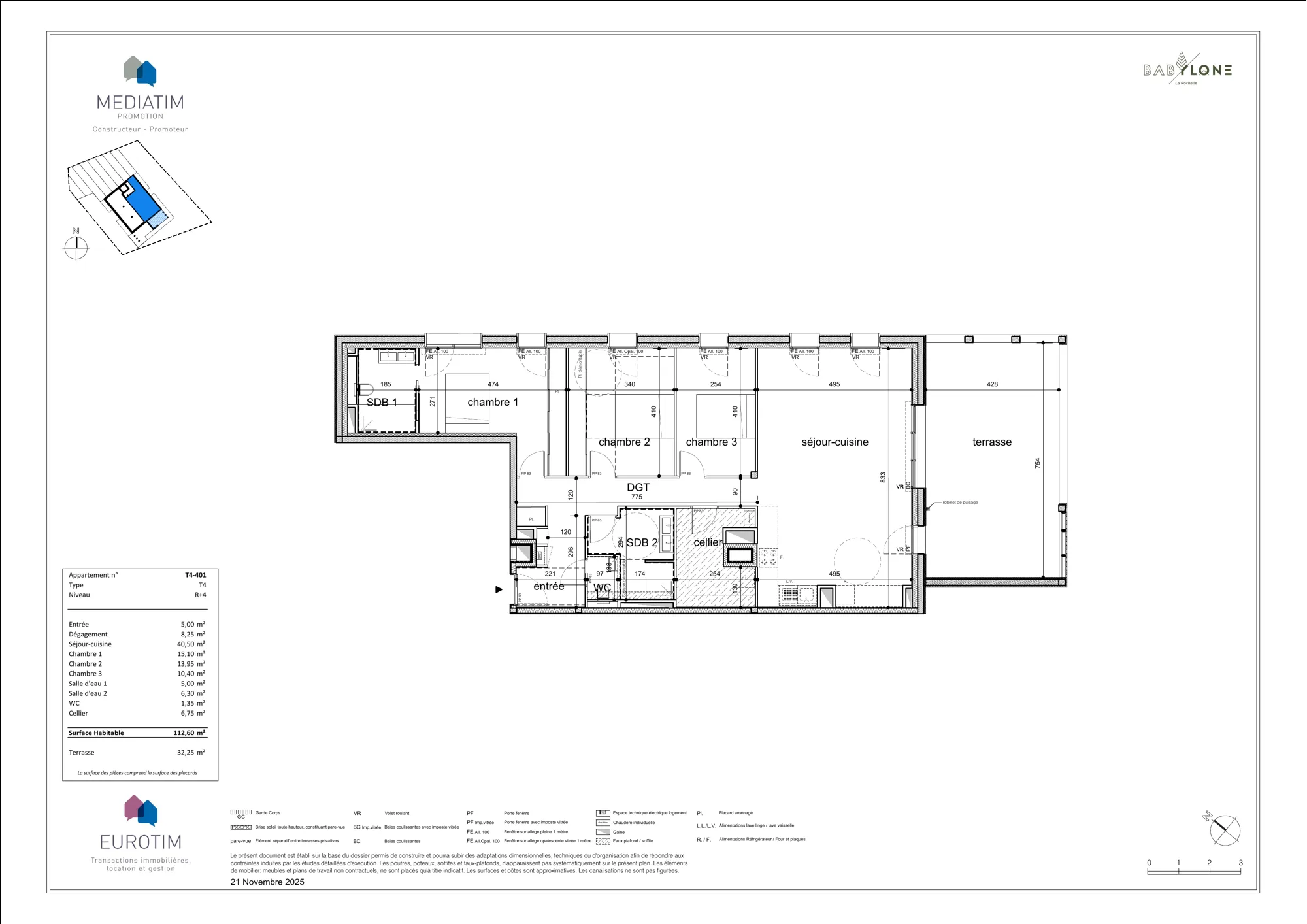 Plan de l'appartement T4 lot 401 de 112,60 m², 4e étage, résidence BABYLONE La Rochelle