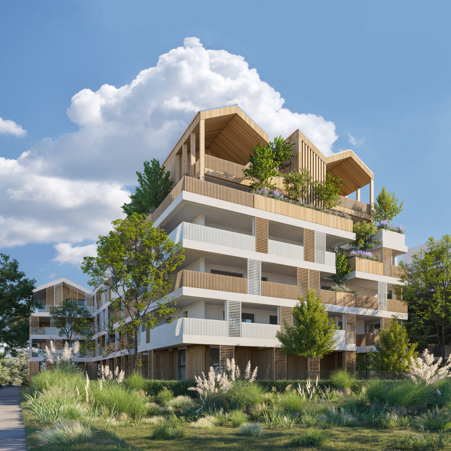 Façade extérieure de la résidence BABYLONE à La Rochelle Rompsay, architecture contemporaine bois et béton avec balcons et terrasses végétalisées