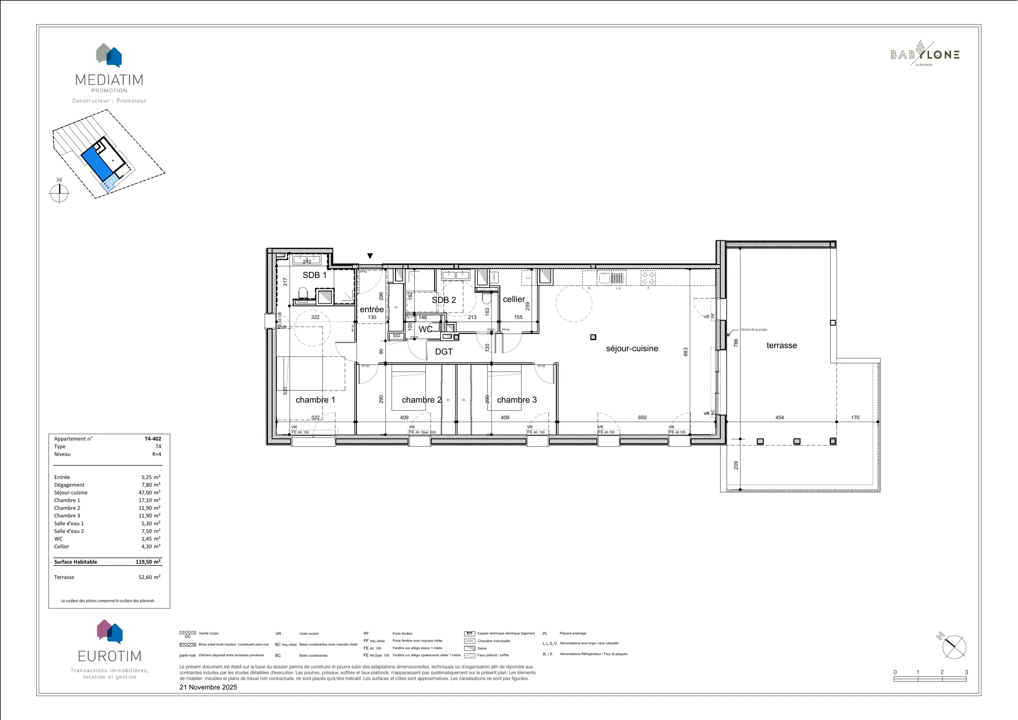 Plan de l'appartement T4 lot 402 de 119,50 m², 4e étage, résidence BABYLONE La Rochelle