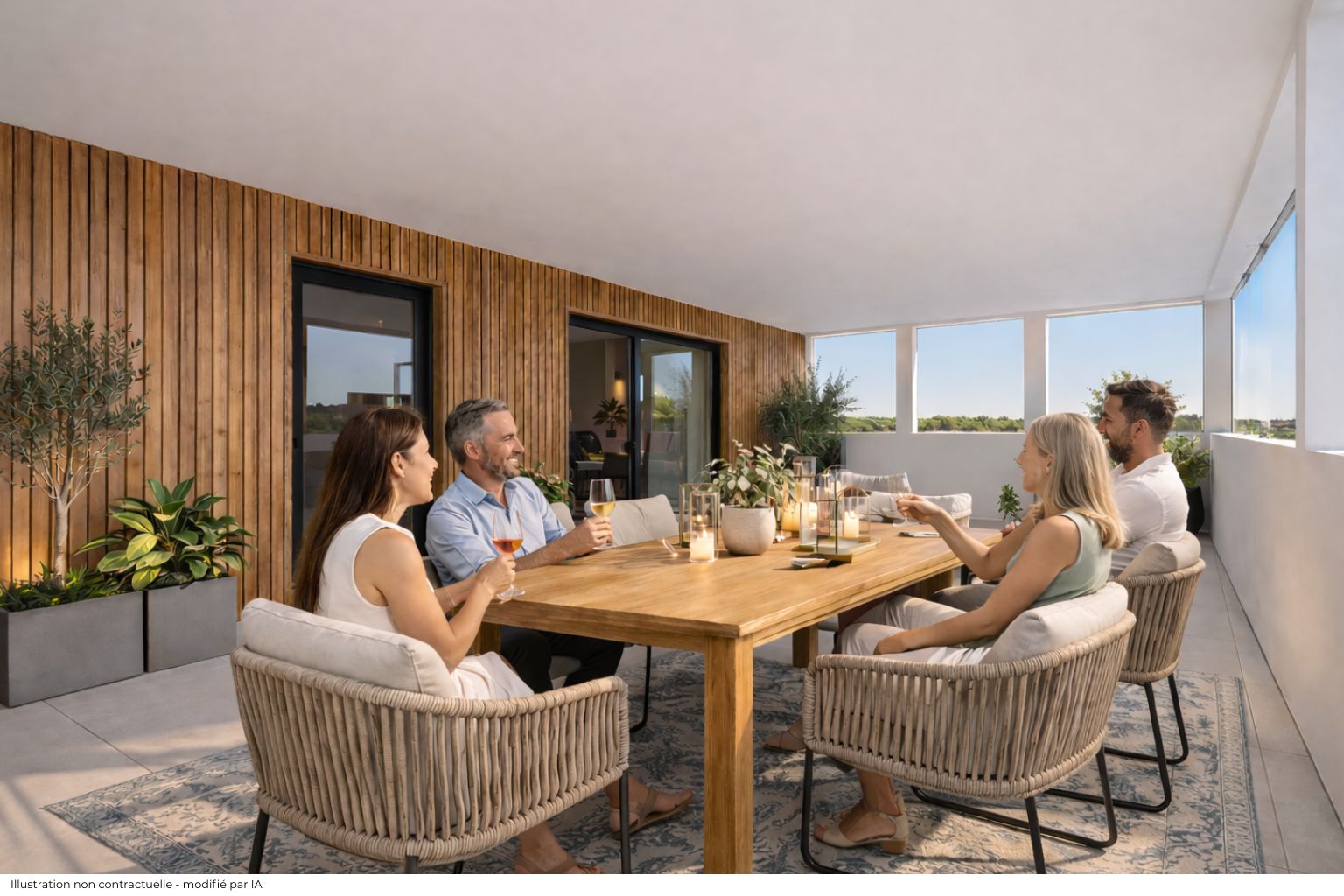 Terrasse privative d'un appartement de la résidence BABYLONE à La Rochelle Rompsay — repas convivial entre amis avec mobilier en bois, plantes et vue dégagée